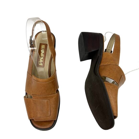 Vintage Ipanema Leather Square Toe Block Heel Nora Slingback Sandals Tan